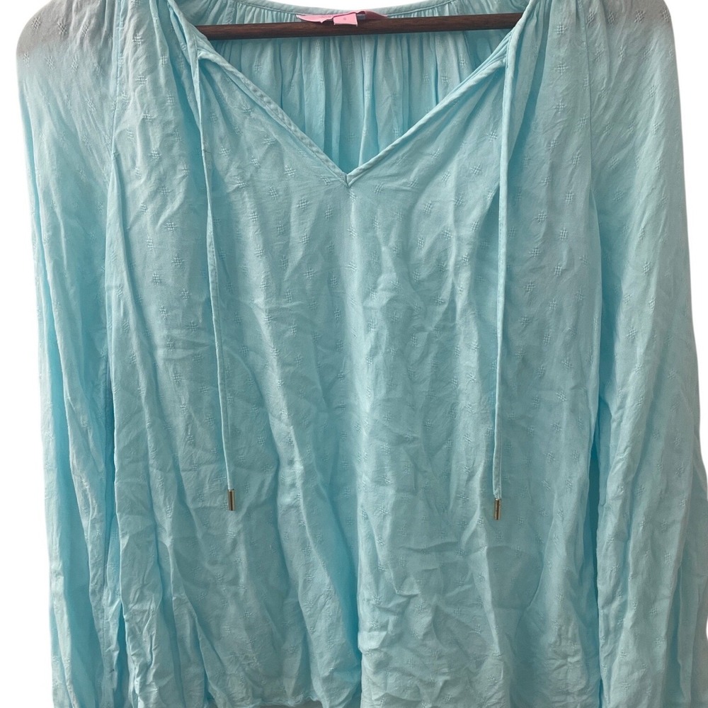 Lilly Pulitzer Aqua Textured Boho Tassel‎ Tie Neck Long Sleeve Size S Beach